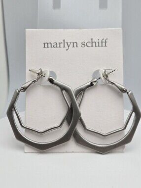 Marlyn Schiff Brushed Silver Geometric Hoop Earrings Heptagon 1.5" New
